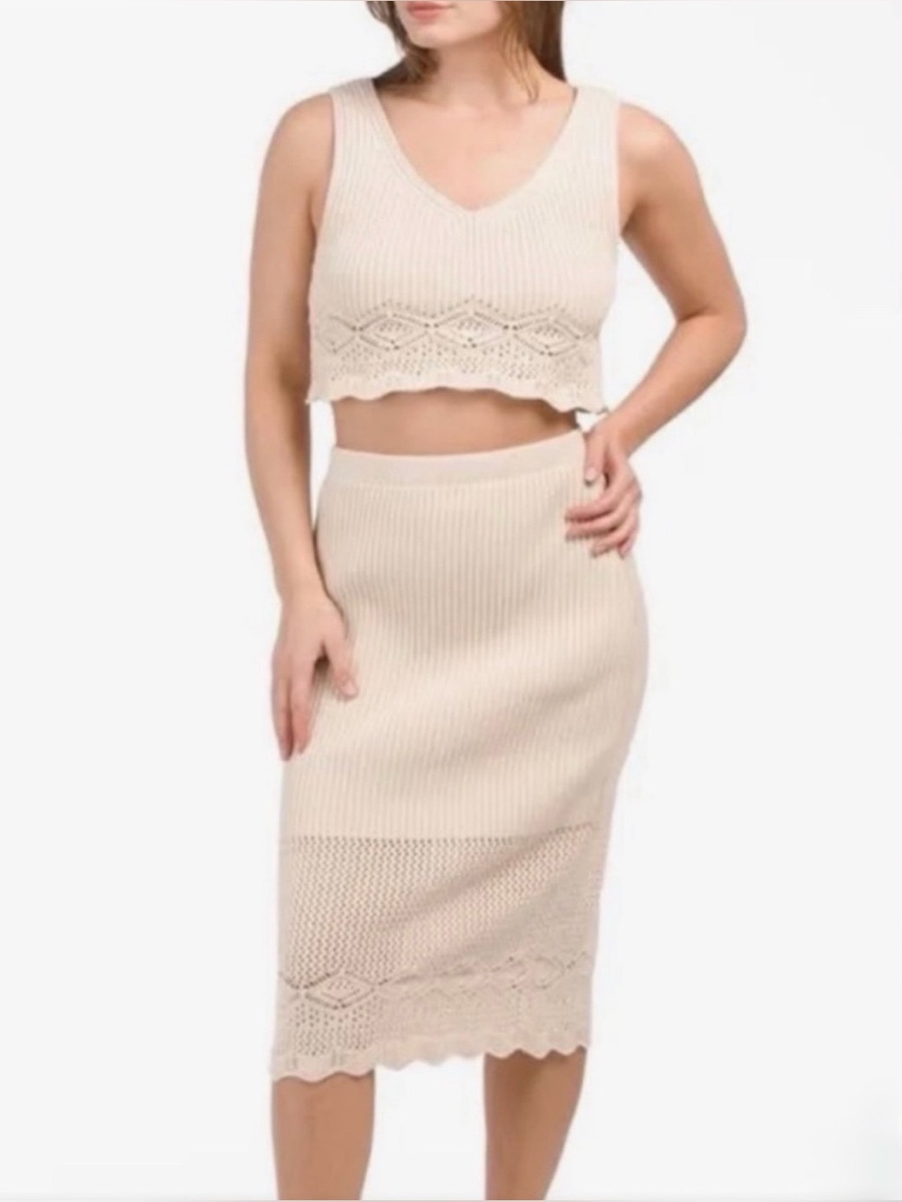 House of Harlow 1960 Cream Knit 2 Piece Set Crop Top Midi Skirt Boho